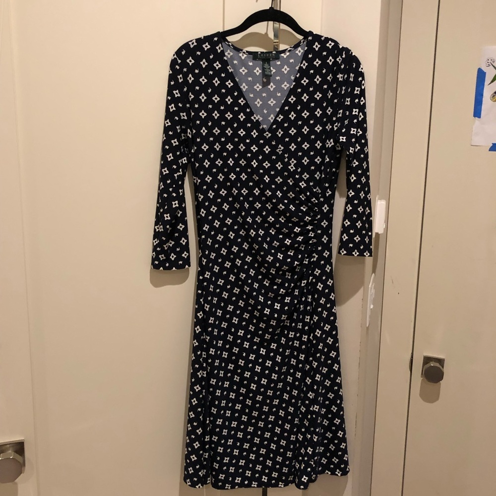 J. Crew Ruched Side Mid Sleeve Navy Blue and White Maxi Dress